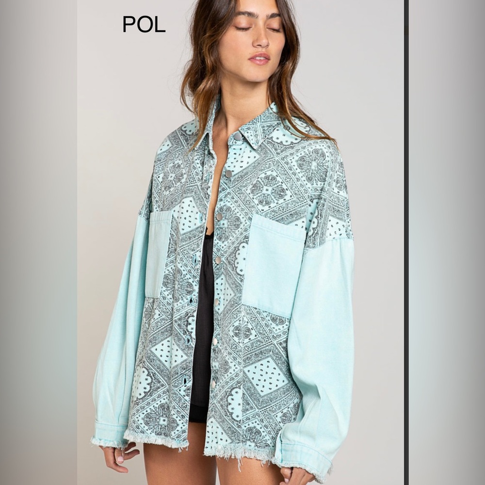 BPB24💙NEW! POL pretty mint+ blue+black paisley jacket w/solid details!💙 - Picture 5 of 10